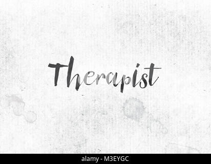 The word Therapist concept and theme painted in black ink on a watercolor wash background. Stock Photo