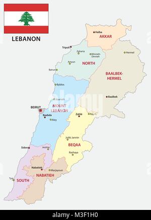 Lebanon administrative and political vector map with flag Stock Vector