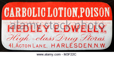 Vintage Chemist labels for Medicine bottles early 1900s - Carbolic Lotion Stock Photo