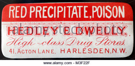 Vintage Chemist labels for Medicine bottles early 1900s - Red Precipitate Stock Photo