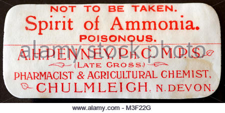 Vintage Chemist labels for Medicine bottles early 1900s - Spirit of Ammonia Stock Photo
