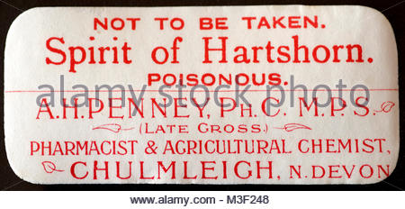 Vintage Chemist labels for Medicine bottles early 1900s - Spirit of Hartshorn Stock Photo