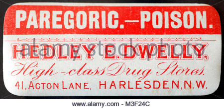 Vintage Chemist labels for Medicine bottles early 1900s - Paregoric Stock Photo