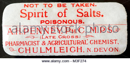 Vintage Chemist labels for Medicine bottles early 1900s - Spirit of Salts Stock Photo