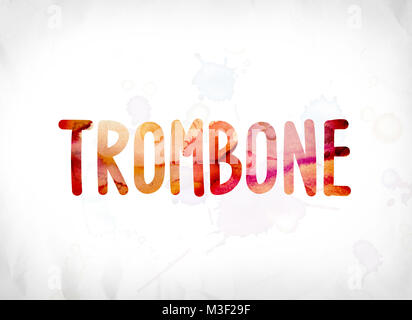 The word Trombone concept and theme painted in colorful watercolors on a white paper background. Stock Photo