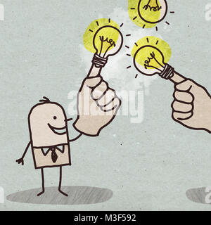 Cartoon Businessman with Light Bulb on Finger Stock Photo