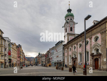 INNSBRUCK, AUSTRIA - JANUARY 28: (EDITORS NOTE: Exposure latitude of this image has been digitally increased.) The Hospital Church (in German: Spitalskirche) is seen at Maria-Theresien-Straße on January 28, 2018 in Innsbruck, Austria. Stock Photo