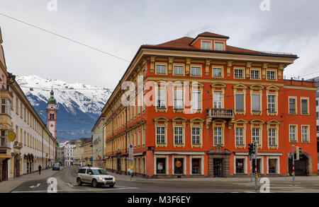 INNSBRUCK, AUSTRIA - JANUARY 28: (EDITORS NOTE: Exposure latitude of this image has been digitally increased.) The Sarnthein palace (Peterlongohaus) is seen at the and of the Maria-Theresien-Straße on January 28, 2018 in Innsbruck, Austria. Stock Photo