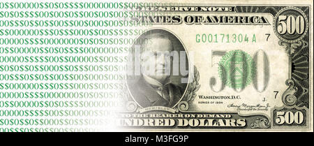 Digital Currencies Concept image of USA $500 bill fading into digital code using the dollar symbol in place of zeros and ones - Old vs New money Stock Photo