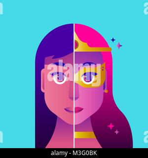 Super woman face concept illustration. Superhero girl with hero costume and mask in modern flat pink gradients. EPS10 vector. Stock Vector