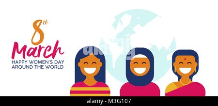Happy Women's Day 8th March illustration, group of ethnic women in traditional clothing for diverse worlwide celebration. Horizontal card format for w Stock Vector