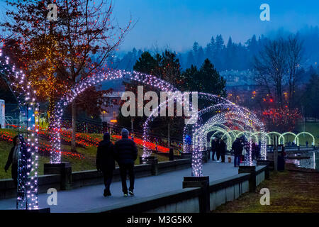 Holiday Light display, Lafarge Lake, Town Centre Park, Coquitlam, British Columbia, Canada. Stock Photo