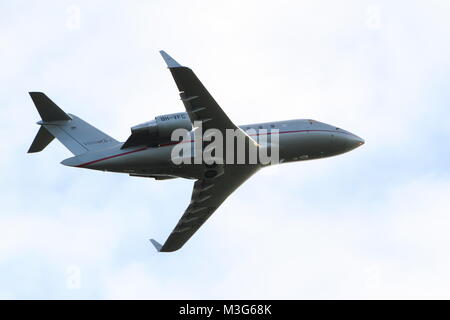9H-VFC, a Bombardier CL-600 Challenger operated by VistaJet Malta, departing Prestwick Airport in Ayrshire. Stock Photo