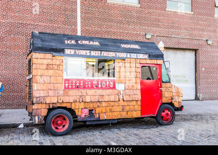 Brooklyn, USA - October 28, 2017: Outside outdoors in NYC New York City Brooklyn Bridge Park with Ice Cream food truck house, frozen yogurt Stock Photo