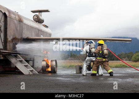 U.S. Marines with Aircraft Rescue Fire Fighting (ARFF) extinguish a wheel fire from a training aircraft during a wheel fire exercise at West Field, Marine Corps Air Station, Feb. 2, 2018. ARFF conducted a wheel fire exercise to improve proficiency in assessing and extinguishing a fire by utilizing the Mobile Aircraft Firefighting Training Device. (U.S. Marine Corps Stock Photo