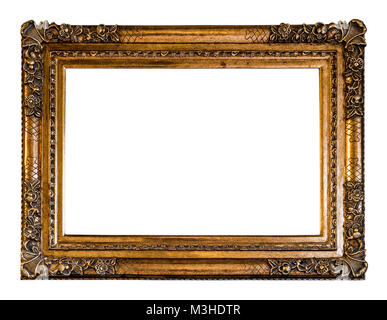 Empty Vintage Carved Wooden Frame, in Golden color, Isolated on White Background. Clipping Paths included Stock Photo