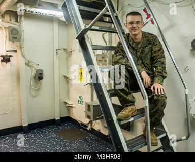 U.S. Marine Lance Cpl. Jerimiah Cunningham is a 20-year-old team leader assigned to Lima Company, 3rd Battalion, 3rd Marine Regiment currently who is currently embarked upon the U.S.S. Bonhomme Richard (LHD-6), at sea, Feb. 6, 2018. Cunningham, a Parkersburg, West Virginia native, is traveling to the Kingdom of Thailand to participate in Exercise Cobra Gold 18. The U.S. and Kingdom of Thailand co-lead annual exercise will be held from Feb. 13-23 with up to seven nations participating. (U.S. Marine Corps