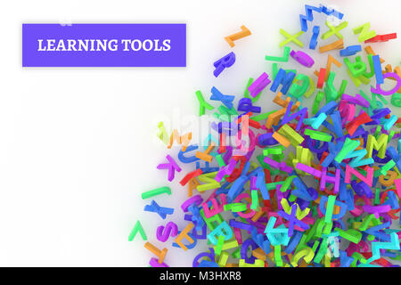 Learning tools conceptual with stack of colorful alphabets letters from A to Z for education, isolated on white background, 3D rendered image Stock Photo