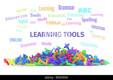 Learning tools conceptual word cloud with stack of colorful alphabets letters from A to Z for education, isolated on white background, 3D rendered ima Stock Photo