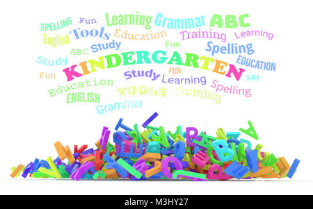 Kindergarten word cloud with stack of colorful alphabets letters from A to Z for education or learning conceptual, isolated on white background, 3D re Stock Photo