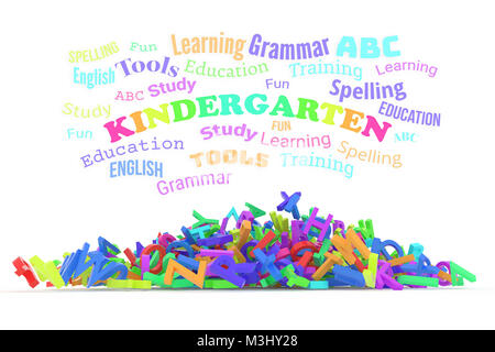 Kindergarten word cloud with stack of colorful alphabets letters from A to Z for education or learning conceptual, isolated on white background, 3D re Stock Photo