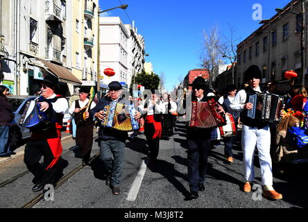 Lisbon. 10th Feb, 2018. Portuguese artists perform in the street during 'Happy Chinese New Year' celebration in Lisbon, capital of Portugal on Feb. 10, 2018. Credit: Zhang Liyun/Xinhua/Alamy Live News Stock Photo