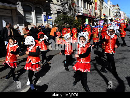 Lisbon. 10th Feb, 2018. Children perform during 'Happy Chinese New Year' celebration in Lisbon, capital of Portugal on Feb. 10, 2018. Credit: Zhang Liyun/Xinhua/Alamy Live News Stock Photo