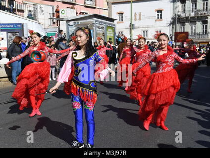 Lisbon. 10th Feb, 2018. Chinese artists perform during 'Happy Chinese New Year' celebration in Lisbon, capital of Portugal on Feb. 10, 2018. Credit: Zhang Liyun/Xinhua/Alamy Live News Stock Photo