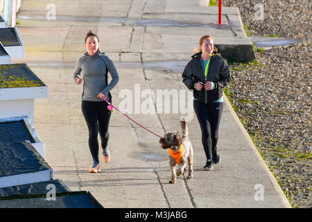 Lyme Regis, Dorset, UK.  11th February 2018.  UK Weather.  Two joggers with their dog on the seafront enjoying the clear skies on a sunny morning at Lyme Regis in Dorset during the school half term holidays.  Picture Credit: Graham Hunt/Alamy Live News. Stock Photo