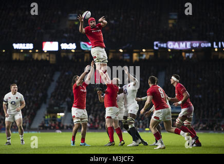 Twickenham, UK. 10th February, 2018: Wales's Cory Hill claims the lineout during the NatWest 6 Nations match at Twickenham Stadium, UK. Credit:Ashley Western/Alamy Live News Stock Photo