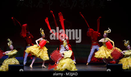 Los Angeles, USA. 10th Feb, 2018. Artists dance during the 'Happy Chinese New Year Charming Beijing Tianjin Hebei' performance at the Saban Theater in Beverly Hills, Los Angeles, the United States, on Feb. 10, 2018. The 'Happy Chinese New Year Charming Beijing Tianjin Hebei' event was held at the Saban Theater on Saturday to celebrate the upcoming Chinese Lunar New Year. Credit: Li Ying/Xinhua/Alamy Live News Stock Photo