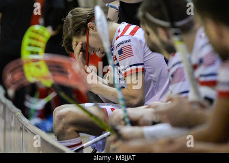 Toronto, Canada. 11th February, 2018.  USA team player in action during the  USA vs Canada  floorball national team match of North American World Championship Qualifier at Ryerson University - Kerr Hall Gymnasium (Score: 4-5 Canada win) Credit: Anatoliy Cherkasov/Alamy Live News Stock Photo