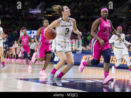 February 11, 2018: Notre Dame guard Marina Mabrey (3) drives to the basket as Georgia Tech forward Zaire O'Neil (21) defends during NCAA Basketball game action between the Notre Dame Fighting Irish and the Georgia Tech Yellow Jackets at Purcell Pavilion at the Joyce Center in South Bend, Indiana. Notre Dame defeated Georgia Tech 85-69. John Mersits/CSM Stock Photo