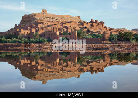 Aït Ben Haddou fortified city citadel reflection river Morocco Ouarzazate ancient UNESCO world heritage Stock Photo