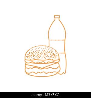 Burger and bottle of soda water. Harmful eating habits. Design for banner and print. Stock Vector