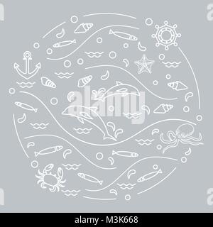 Cute vector illustration with dolphins, octopus, fish, anchor, helm, waves, seashells, starfish, crab arranged in a circle. Design for banner, poster  Stock Vector