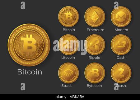 Golden cryptocurrency coin icons set include Bitcoin, Ethereum, Monero, Litecoin, Ripple, Dash, Stratis, Bytecoin, Zcash. Stock Vector