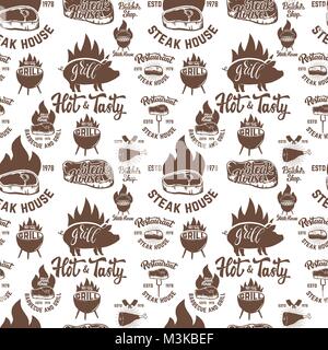 Seamless pattern with steak house symbols. Grill, bbq, fresh meat. Design element for poster, menu, flyer, banner, menu, package. Vector illustration Stock Vector