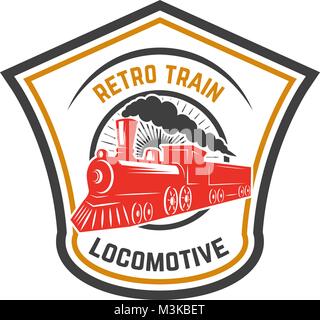 Emblem template with retro train. Rail road. Locomotive. Design element for logo, label, emblem, sign. Vector illustration Stock Vector