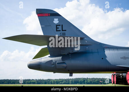 BERLIN, GERMANY - JUNE 03, 2016: Fragment of a four-engine supersonic variable-sweep wing, jet-powered heavy strategic bomber Rockwell B-1B Lancer. US Air Force. Exhibition ILA Berlin Air Show 2016 Stock Photo