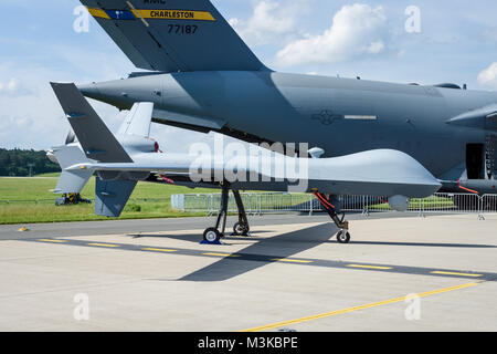 BERLIN, GERMANY - JUNE 03, 2016: Unmanned combat air vehicle General Atomics MQ-9 Reaper. US Air Force. Exhibition ILA Berlin Air Show 2016 Stock Photo