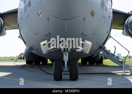 BERLIN, GERMANY - JUNE 03, 2016: The front landing gear of a strategic and tactical airlifter Boeing C-17 Globemaster III. US Air Force. Exhibition ILA Berlin Air Show 2016 Stock Photo