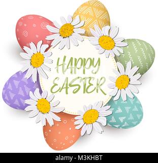 Happy Easter. Festive colorful easter eggs in circle with daisy heads. isolated. colorful eggs and wreath Stock Vector