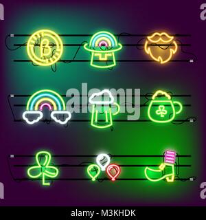 St Partricks Day icon set neon effect Stock Vector