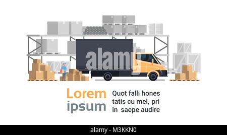 Warehouse Delivery, Truck Car Over Containers Building. Shipping And Transportation Concept Stock Vector