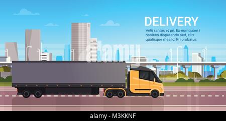 Truck Trailer On Road Over Modern City Background Delivery And Fast Logistics Transportation Concept Stock Vector