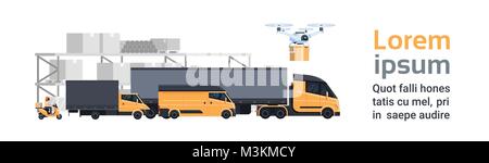 Warehouse Delivery, Different Truck Cars And Lorry Over Containers Shipping And Transportation Concept Horizontal Banner With Copy Space Stock Vector