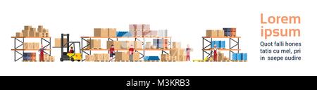 Warehouse Interior Box On Rack And People Working. Logistic Delivery Service Concept Template Background With Copy Space Stock Vector