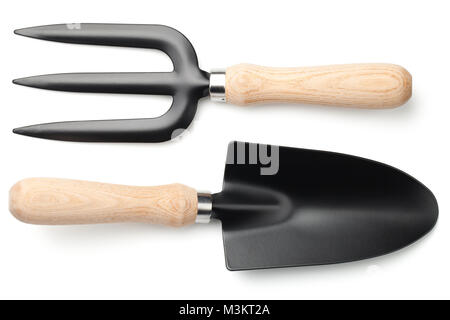 Garden shovel and fork isolated on white background. Top view Stock Photo