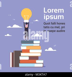 Happy Student In Graduation Cap And Gown Standing On Stack Of Books Hold Light Bulb On Blue Background With Copy Space Stock Vector